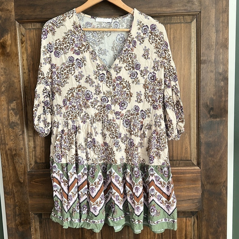 Ces Femme cream green purple floral babydoll mini dress pockets size small